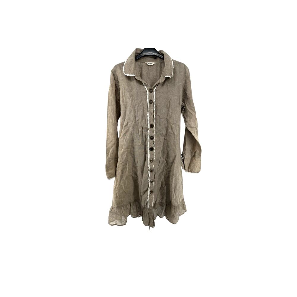 Jean D'arc Living Clothing JDL Tan Linen Dress Ruffle Bottom Button Up Medium